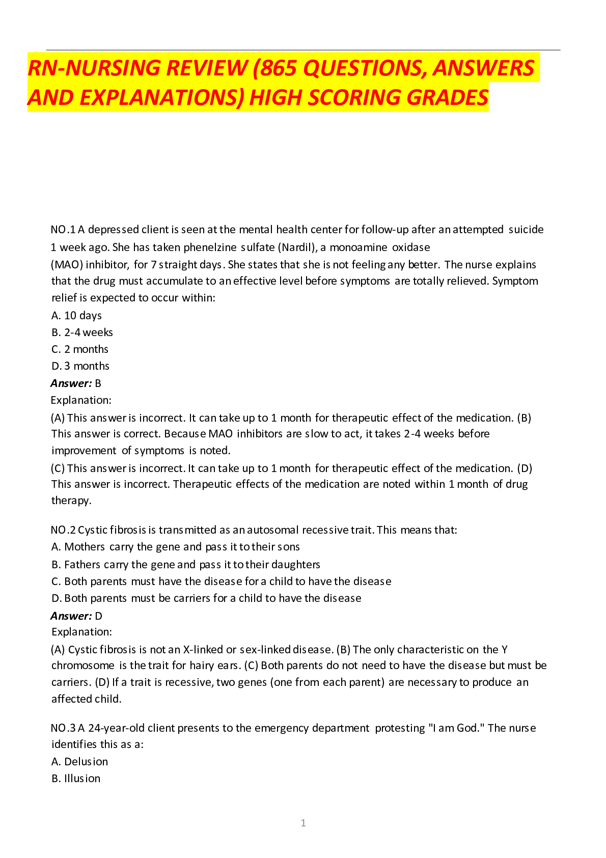 Preview image for NCLEX-RN-NURSING REVIEW (865 QUESTIONS, ANSWERS AND EXPLANATIONS) HIGH SCORING GRADES (301 PAGES)